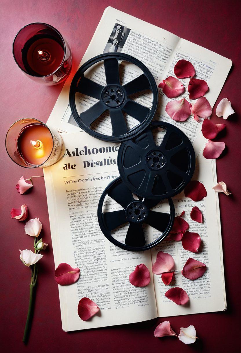 A captivating collage featuring various forms of sensual media, including a vintage film reel, a colorful magazine spread, and a modern digital device displaying alluring content. Surrounding these elements are subtle hints of adult lifestyle choices like wine glasses, rose petals, and a soft glow of candlelight to evoke warmth and intimacy. The background should be an elegant gradient that transitions from deep reds to soft pinks, symbolizing passion and desire. artistic blend of realism and abstract styles. vibrant colors.